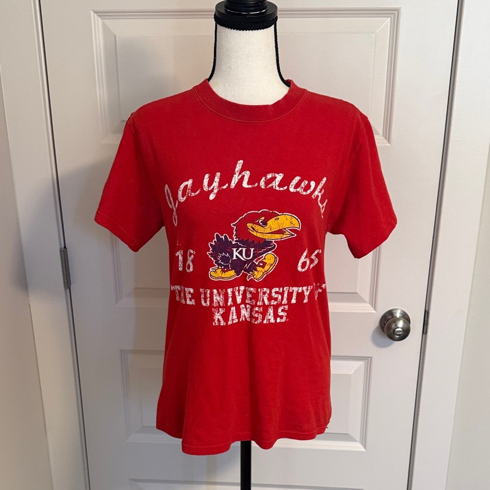 Red KU Jayhawks Short Sleeve Unisex T-Shirt. Rock Chalk!